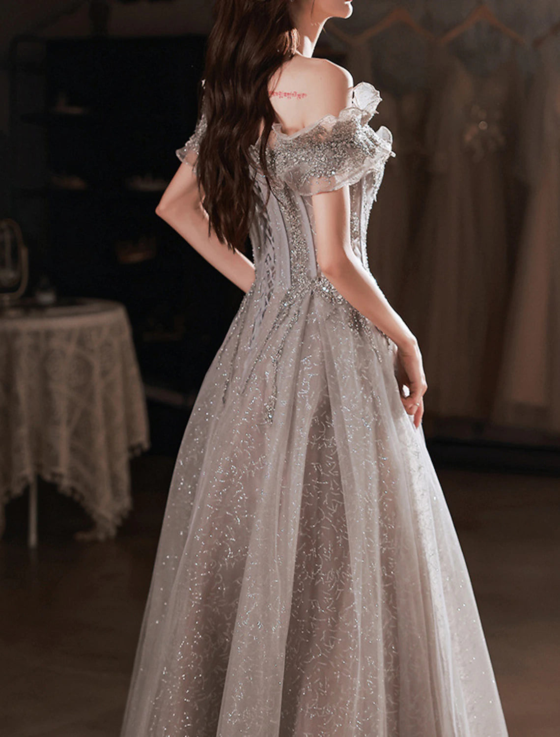 Weitese A-Line Prom Dresses Sparkle & Shine Dress Wedding Guest Prom Floor Length Short Sleeve Off Shoulder Polyester with Sequin Ruffles